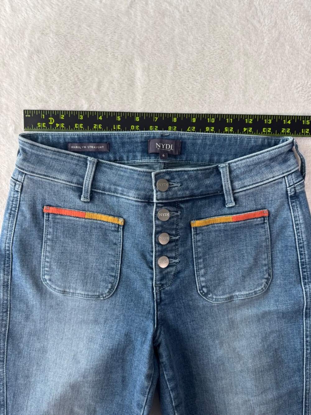 NYDJ Jeans Marilyn Straight Clean Horizon SZ 6 Ankle Raw Hem Multi Color Pockets - Picture 12 of 16